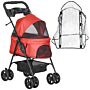 Pawhut Dog Stroller With Rain Cover, Dog Pushchair One-click Fold Trolley With Eva Wheels Brake Basket Adjustable Canopy Safety Leash