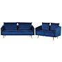 Living Room Set Navy Blue Velvet Back Cushions Metal Golden Legs