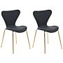 Set Of 2 Dining Chairs Black With Gold Polyester Velvet Black Metal Legs Armless