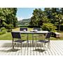 Garden Dining Set Black Granite Effect Tabletop Glass Stainless Steel Frame Set Of 4 Chairs Textilene