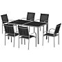 Outsunny 7 Piece Outdoor Garden Dining Set With Table And 6 Stackable Chairs, Steel Frame, Tempered Glass Top, Mesh Seats, Black