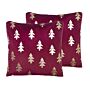 Set Of 2 Scatter Cushions Red Velvet Fabric 45 X 45 Cm Christmas Tree Pattern Zippered Cases