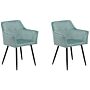 Set Of 2 Dining Chairs Mint Green Velvet Upholstered Seat With Armrests Black Metal Legs