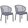 Set Of 2 Garden Chairs Grey Cushions Black Metal Frame Outdoor Bistro