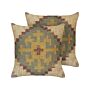 Set Of 2 Scatter Cushions Multicolour Jute And Wool 45 X 45 Cm Oriental Pattern Kilim Style Washed Out Earth Colours