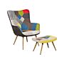 Wingback Chair With Ottoman Multicolour Fabric Buttoned Retro Style Patchwork