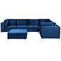 Left Hand Modular Corner Sofa Blue Velvet 6 Seater With Ottoman L-shaped Silver Metal Legs