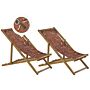 Set Of 2 Garden Deck Chairs Light Acacia Wood Frame Floral Pattern Replacement Fabric Hammock Seat Reclining Folding Sun Lounger