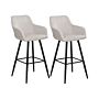 Set Of 2 Bar Stool Taupe Fabric Upholstered With Arms Backrest Black Metal Legs Beliani