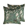 Set Of 2 Decorative Cushions Green Velvet 45 X 45 Cm Gold Floral Foil Print