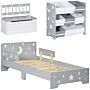 Zonekiz 3pcs Kids Furniture Bedroom Set With Bed, Toy Box Bench, Storage Unit With Baskets, Star And Moon Patterns, For 3-6 Years Old Boys Girls, Grey