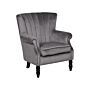 Wingback Chair Grey Velvet Fabric Vintage Retro Style Armchair Scroll Arms Black Wooden Legs Nailhead Trim