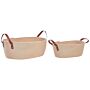 Set Of 2 Storage Baskets Beige Cotton Handmade With Pu Leather Handles Shelving Box