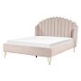 Bed Frame Beige Fabric Upholstery Eu Double Size 4ft6 Metal Legs Retro Design Chanell Shell Headboard