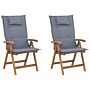 Set Of 2 Garden Chairs Light Acacia Wood With Blue Cushions Folding Feature Uv Resistant