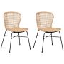 Set Of 2 Dining Chairs Sand Beige Rattan Wicker Black Metal Frame Rustic Indoor