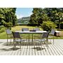 Garden Dining Set Grey Tabletop Glass Stainless Steel Frame Grey Set Of 6 Chairs Textilene