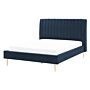 Eu Double Size Panel Bed 4ft6 Blue Velvet Slatted Base High Headrest