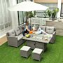 Outsunny 8-seater Outdoor Pe Rattan Sofa Set Conversation Set W/ Fire Pit Table, L-shape Sofa, Footstool, Olefin Cushions And Furniture Cover