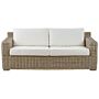 Garden Sofa Light Brown Rattan Wicker Outdoor 2 Seater With White Cushions