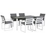 7 Piece Garden Dining Set White Aluminium Extending Table And 6 Chairs With Grey Cushions