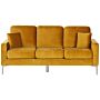 Sofa Yellow Velvet 3 Seater Cushioned Seat And Back Metal Legs With Throw Pillows