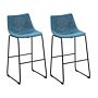 Set Of 2 Bar Stools Blue Fabric Upholstery Black Metal Legs Footstool