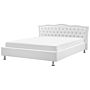 Eu Super King Size Bed White Faux Leather 6ft Upholstered Frame Nailhead Trim Crystal Buttons Headrest