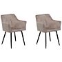 Set Of 2 Dining Chairs Taupe Beige Velvet Upholstered Seat With Armrests Black Metal Legs