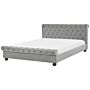 Bed Frame Grey Velvet Upholstery Black Wooden Legs Super King Size 6ft Buttoned