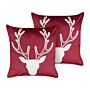 Set Of 2 Scatter Cushions Red Velvet 45 X 45 Cm Reindeer Motif Christmas Accessories