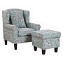 Armchair With Footstool Green Floral Pattern Fabric Wooden Legs Wingback Style