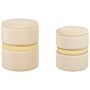 Set Of 2 Pouffes Cream Beige Velvet Rattan Bands Modern Boho Internal Storage