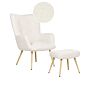 Wingback Chair With Ottoman Off White Boucle Fabric Buttoned Solid Pattern