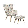 Wingback Chair With Ottoman Cream Fabric Buttoned Floral Pattern Retro Style Beliani