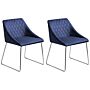 Set Of 2 Dining Chairs Navy Blue Velvet Fabric Chromed Metal Legs