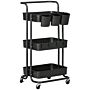 Homcom 3 Tier Utility Rolling Cart, Kitchen Cart With 3 Removable Mesh Baskets, 3 Hanging Box, 4 Hooks And Dividers, Laundry Black