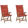 Set Of 2 Garden Chairs Light Acacia Wood With Red Cushions Folding Feature Uv Resistant