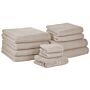 Set Of 11 Towels Beige Cotton Low Twist Guest Hand Bath Towel Bath Sheet And Bath Mat