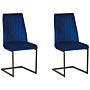 Set Of 2 Dining Chairs Blue Velvet Upholstered Seat High Back Cantilever