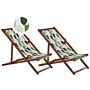 Set Of 2 Garden Deck Chairs Dark Acacia Wood Frame Floral Pattern Replacement Fabric Hammock Seat Reclining Folding Sun Lounger