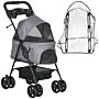 Pawhut Dog Stroller W/ Rain Cover, Dog Pushchair One-click Fold Trolley Jogger W/ Wheels, Basket, Adjustable Canopy, Safety Leash For Small Dogs, Grey