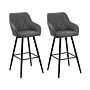 Set Of 2 Bar Stool Grey Fabric Upholstered With Arms Quilted Backrest Black Metal Legs