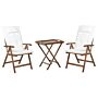 Garden Bistro Set Dark Solid Acacia Wood With Off White Cushions Table 2 Chairs Adjustable Backrest Folding Rustic Style Balcony Furniture Beliani