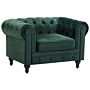 Chesterfield Armchair Green Velvet Fabric Upholstery Dark Wood Legs Contemporary