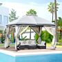 Outsunny 3.7 X 3(m) Metal Gazebo Canopy Party Tent Garden Patio Shelter With Netting Sidewalls & Double Tiered Roof, Grey