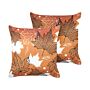 Set Of 2 Decorative Cushions Orange Velvet 45 X 45 Cm Leaf Pattern