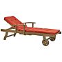 Garden Sun Lounger Dark Acacia Wood Natural With Red Cushion Adjustable Backrest Inbuilt Castors