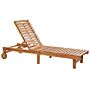 Garden Sun Lounger Light Wood Acacia Wheeled Foldable Frame Reclining Backrest