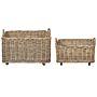 Set Of 2 Baskets Natural Rattan With Plastic Rubber Wheels Handles Handmade Mahogany Frame Boho Style Living Room Bedroom Beliani